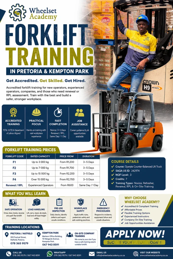 Accredited forklift training in Pretoria and Johannesburg by Wheelset Academy showing F1 to F4 forklift licence prices, renewal, RPL and practical operator training.